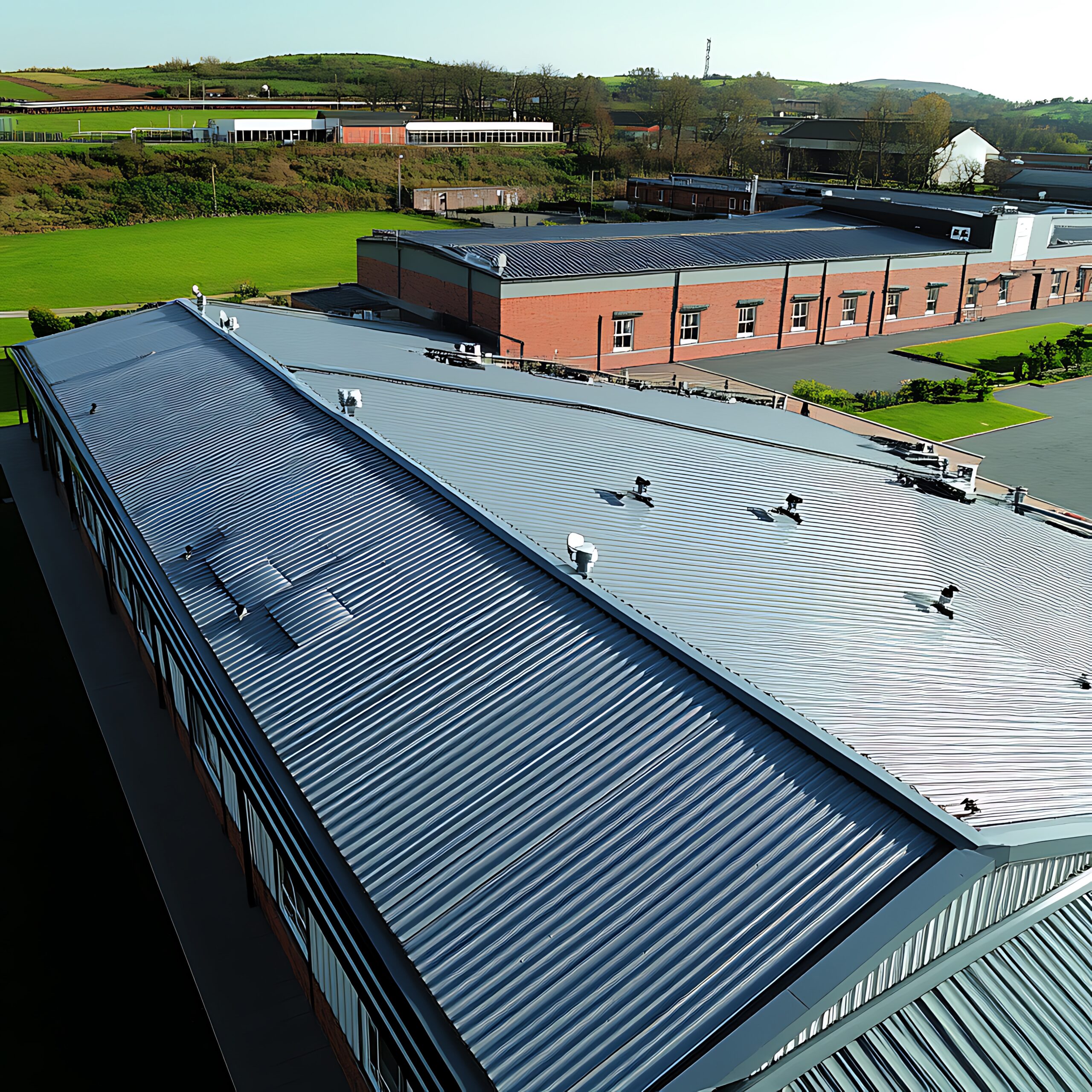 there are many birds on the roof of a building A roof of a commercial building