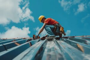 construction-worker-installing-new-roof-with-electric-drill-metal-sheet